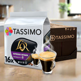 Tassimo coffee pod packaging with L'Or espresso and two glasses of coffee on a wooden surface.