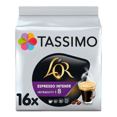 Tassimo L'OR Espresso Intense coffee pod packaging on a white background
