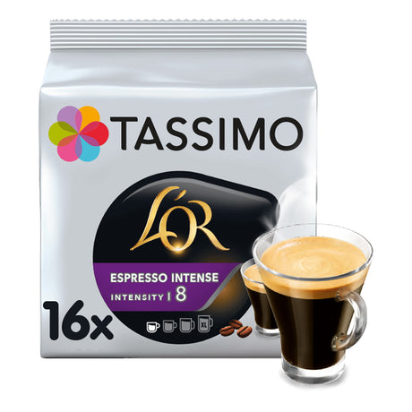 Tassimo L'Or Espresso Intense coffee pod packaging with a glass of espresso.