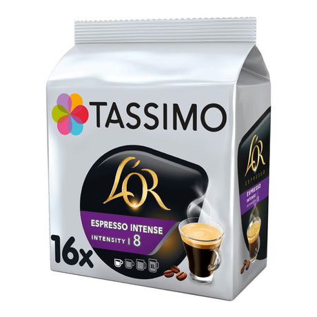 Tassimo L'Or Espresso Intense coffee pod packaging on a white background