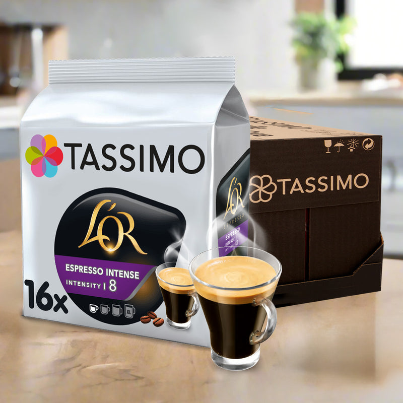 Tassimo coffee pod packaging with L'Or espresso and two glasses of coffee on a wooden surface.
