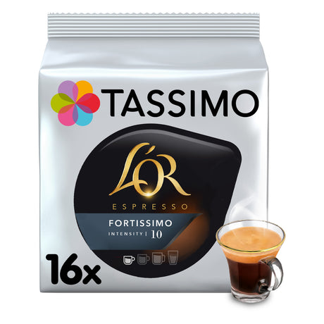 A package of Tassimo L'Or Espresso Fortissimo Intensity 10 coffee capsules, shown as a silver bag with a black and gold central label, alongside a small glass of brewed espresso on a white background.