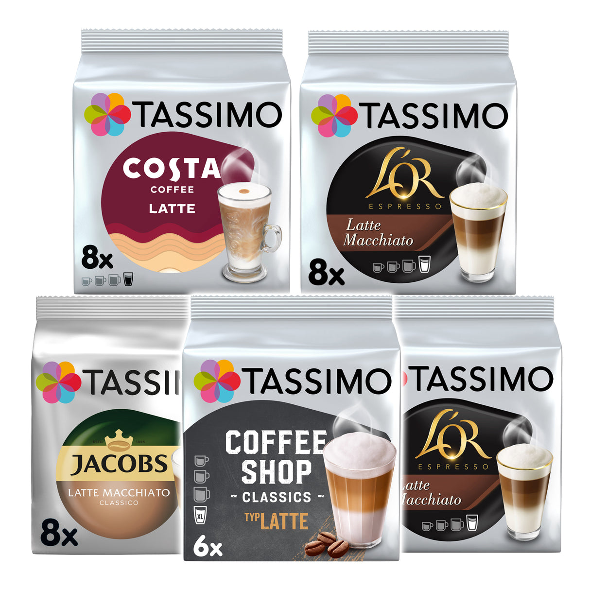 Five Tassimo coffee pod packages with different coffee types on a white background