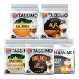 Five Tassimo coffee pod packages on a white background