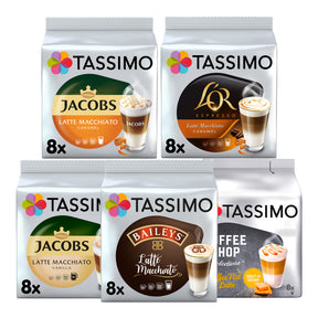 Five Tassimo coffee pod packages on a white background