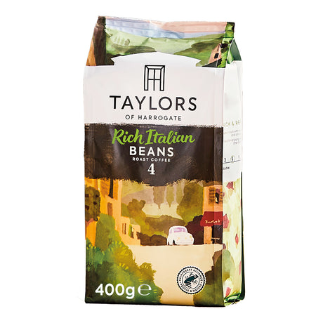 Coffee bag labeled Taylors of Harrogate Rich Italian Beans 400g