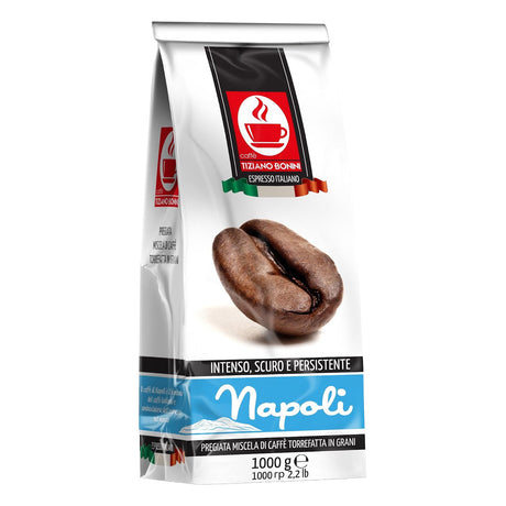 A 1000g bag of Napoli espresso coffee from Tiziano Bonini, featuring a white bag with a large image of roasted coffee beans, a red and black Napoli logo, and a blue accent band.