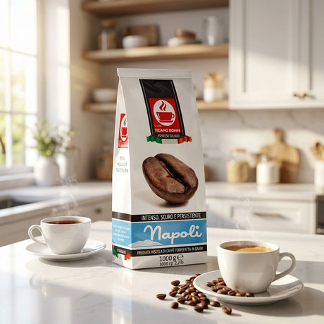 A bag of Napoli coffee beans stands on a kitchen counter between two white cups of coffee, with scattered coffee beans in the foreground and a softly blurred kitchen background.