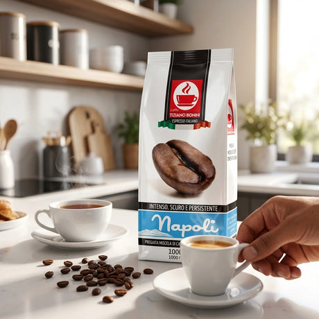 A bag of Napoli espresso coffee stands on a kitchen counter with two white cups, one filled with espresso and one being held by a hand. Coffee beans are scattered on the counter, with a softly blurred kitchen background.