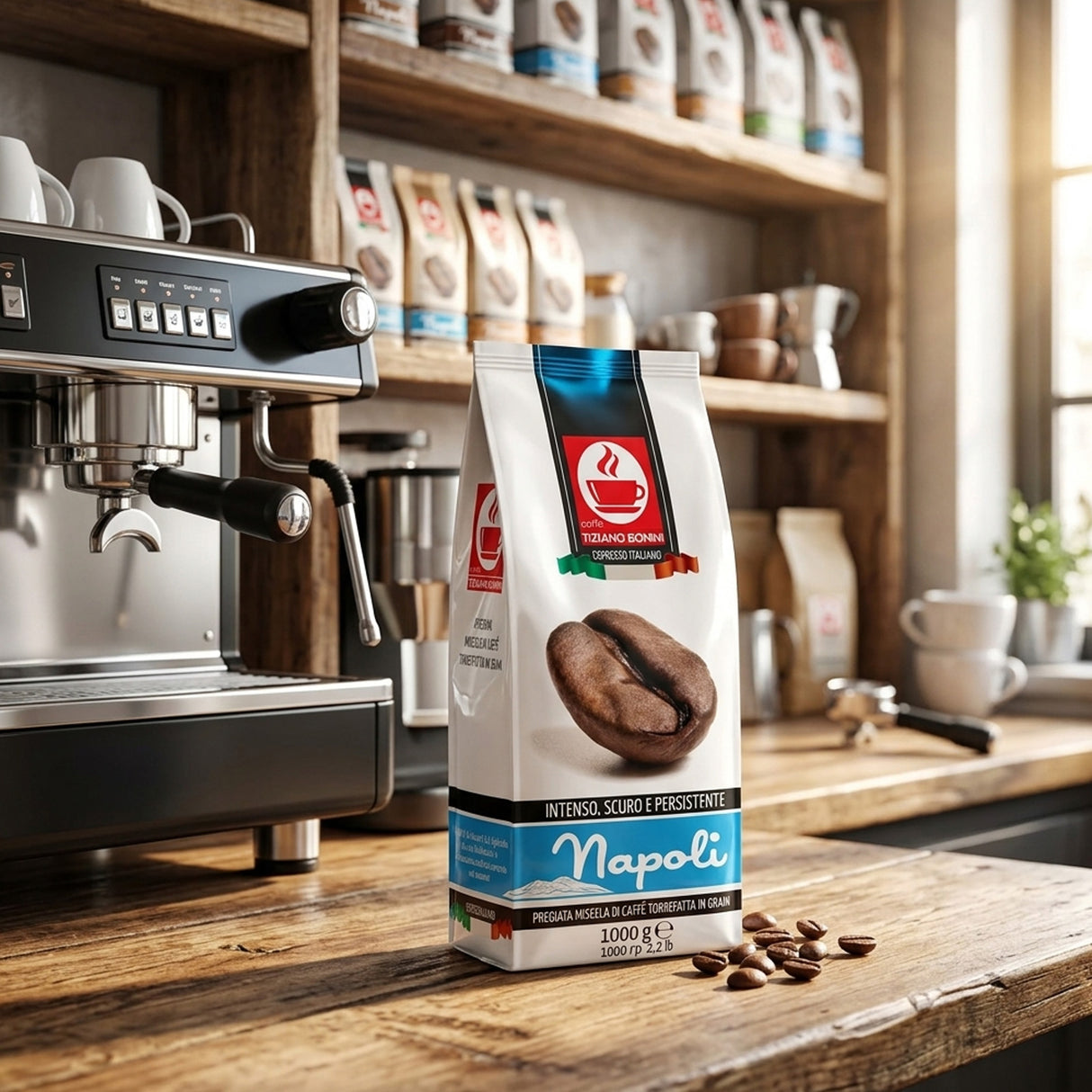 A bag of Napoli coffee beans stands on a rustic wooden counter in a cafe setting, with an espresso machine on the left and shelves of coffee supplies in the background.
