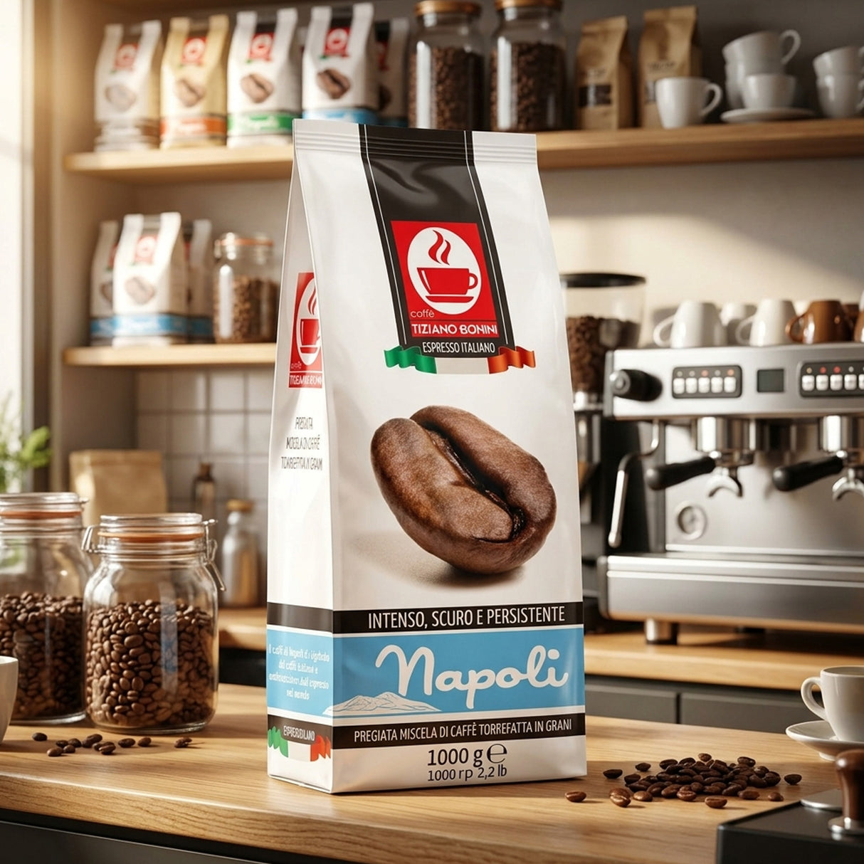 A 1000g bag of Napoli espresso coffee stands on a wooden countertop in a warm, well-lit kitchen setting with shelves of coffee beans, cups, and an espresso machine in the background.