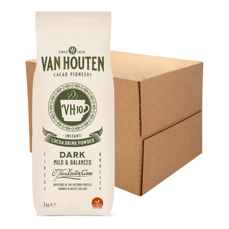 Van Houten cocoa drink powder packaging with a cardboard box on a white background