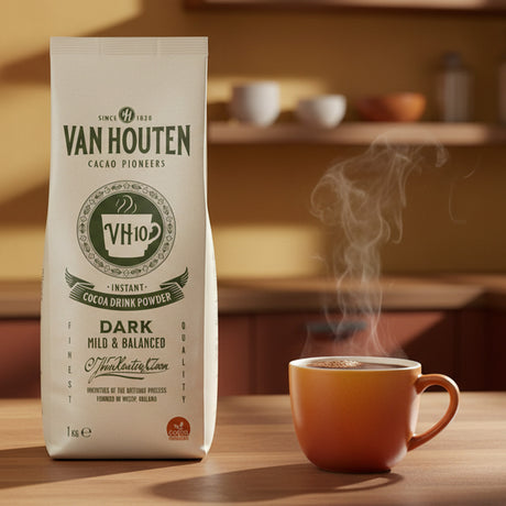 Van Houten cocoa drink powder package with a steaming cup of coffee on a wooden table.