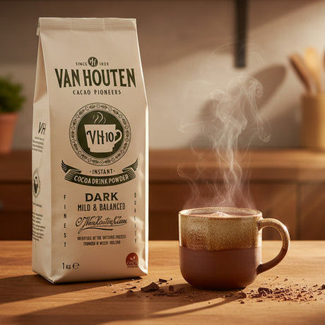 Van Houten cocoa powder package with a steaming cup of coffee on a wooden surface.