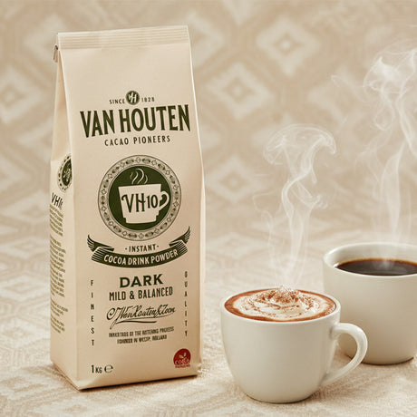 Van Houten cocoa drink powder package with two steaming cups of coffee on a textured background