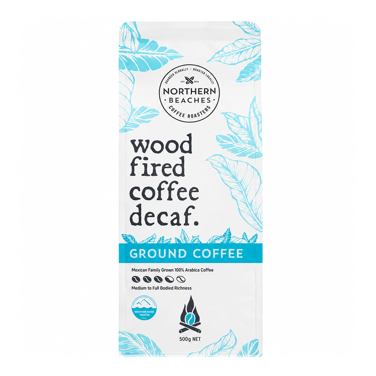 A 500g stand-up pouch of Northern Beaches Coffee Roasters 'Wood Fired Coffee Decaf' on a plain white background.