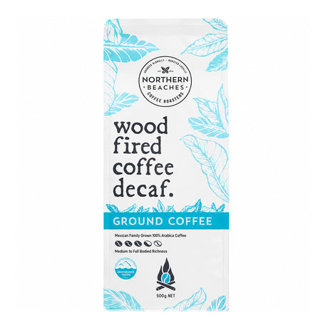 A 500g stand-up pouch of Northern Beaches Coffee Roasters 'Wood Fired Coffee Decaf' on a plain white background.