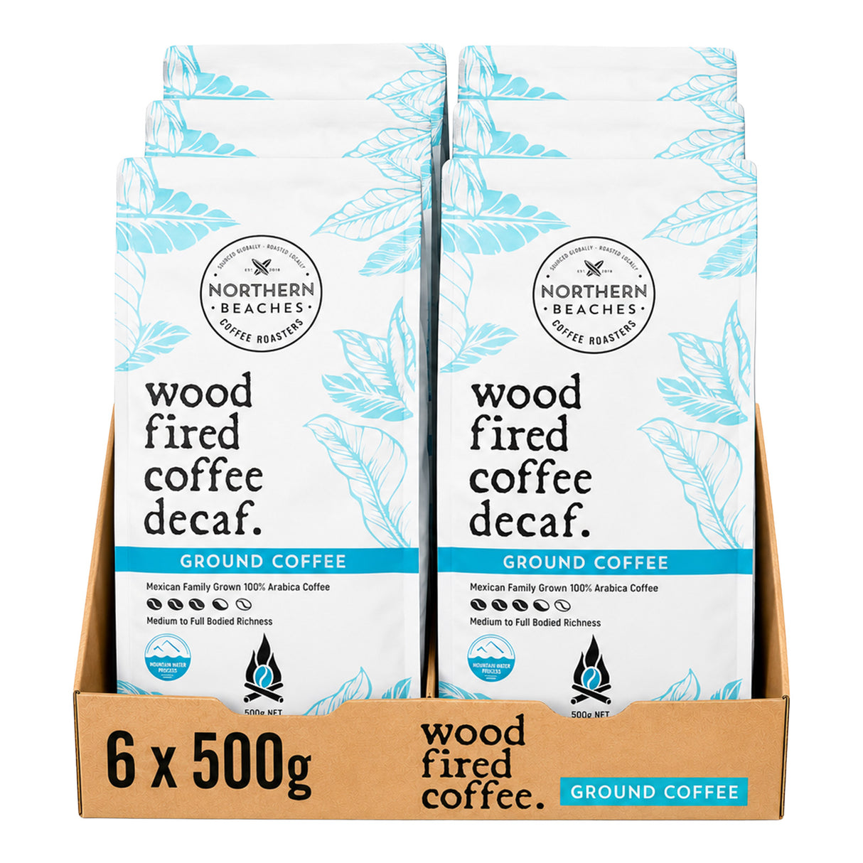 A cardboard display box holding six bags of Northern Beaches Wood Fired Coffee Decaf ground coffee, each bag in white with light blue leaf illustrations and black text.