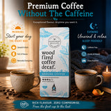 Northern Beaches Wood Fired Coffee Decaf. The ad includes two mugs of coffee on a table with coffee beans, a lit candle, and promotional text for morning and evening coffee experiences.