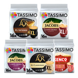 Five Tassimo coffee pod packages with different brands on a white background