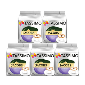 A case of Tassimo Jacobs Cappuccino Choco Coffee Pods, containing multiple individual pods packaged in a sleeve.