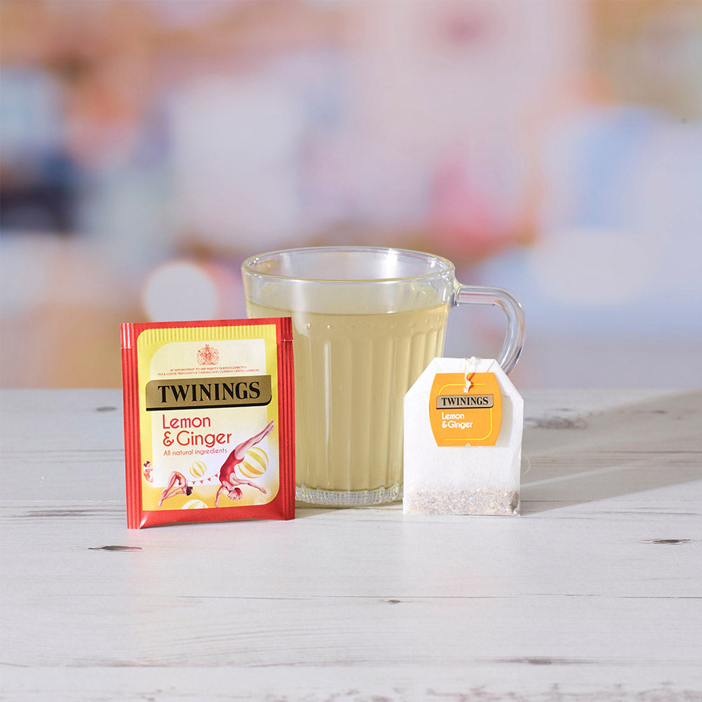 Cup of Twinings Lemon & Ginger tea with Enveloped tea bag